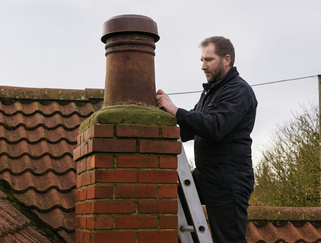 Bristol roofing engineer climbing a ladder to inspect chimney repairs